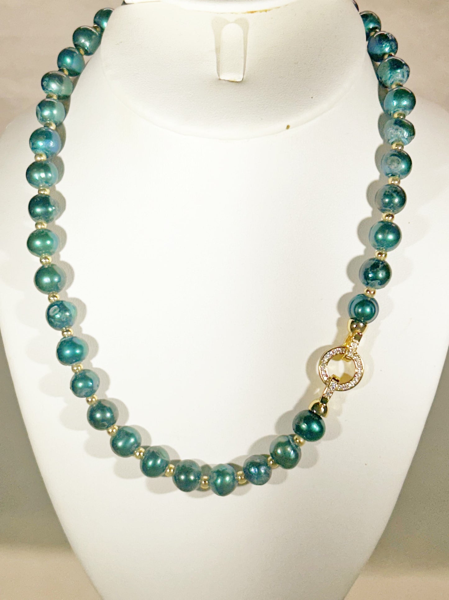 Blue 8mm 18 inch AA freshwater pearl necklace w/ gold spacers and Rhinestone clasp