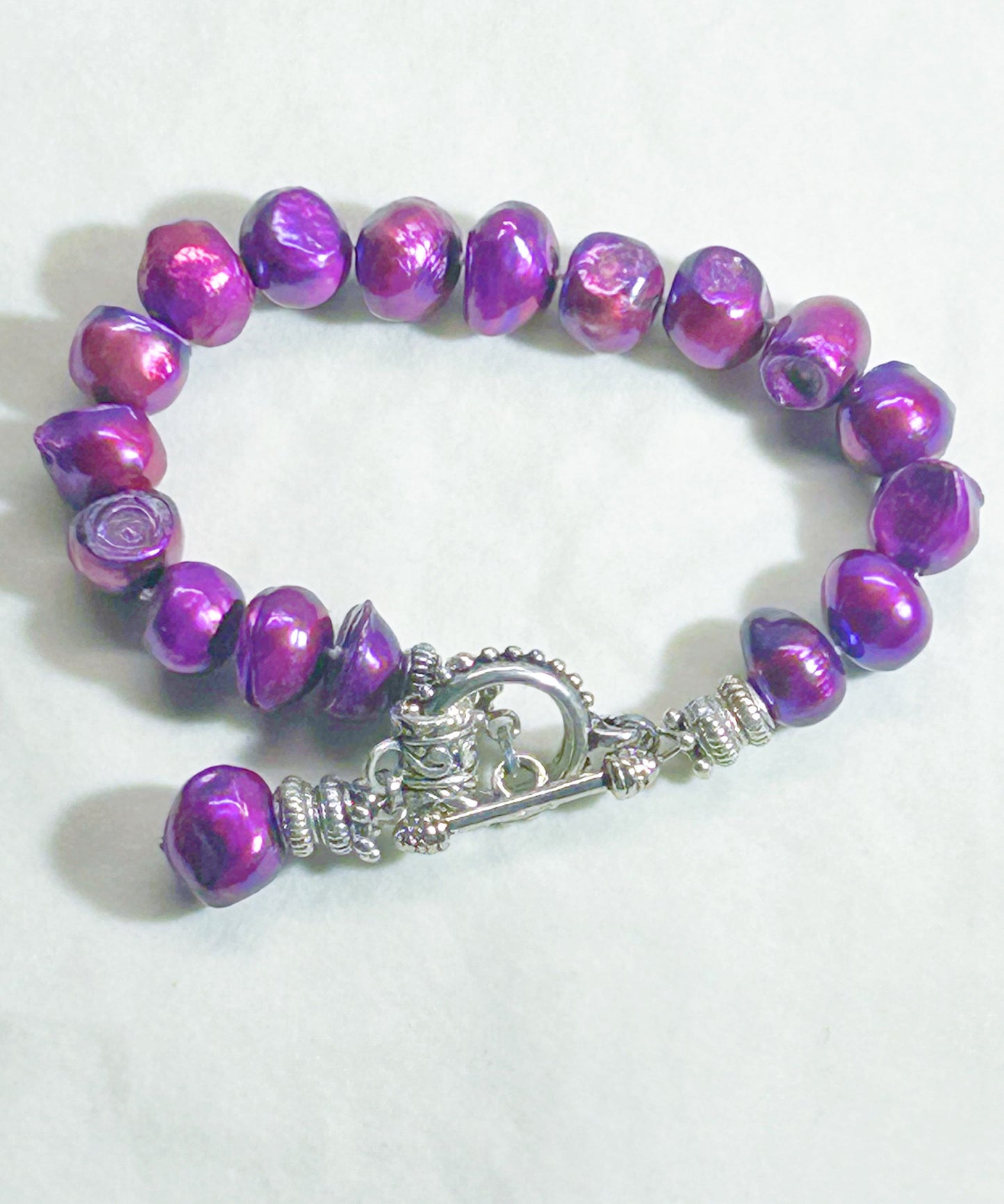 Womens purple 8 to 9 mm freshwater pearl 7.5 inch bracelet-toggle clasp ant.silver