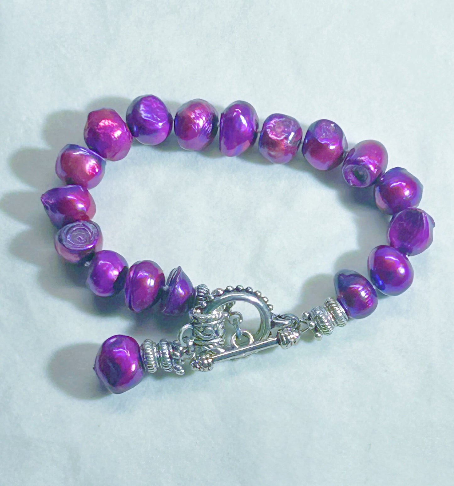 Womens purple 8 to 9 mm freshwater pearl 7.5 inch bracelet-toggle clasp ant.silver