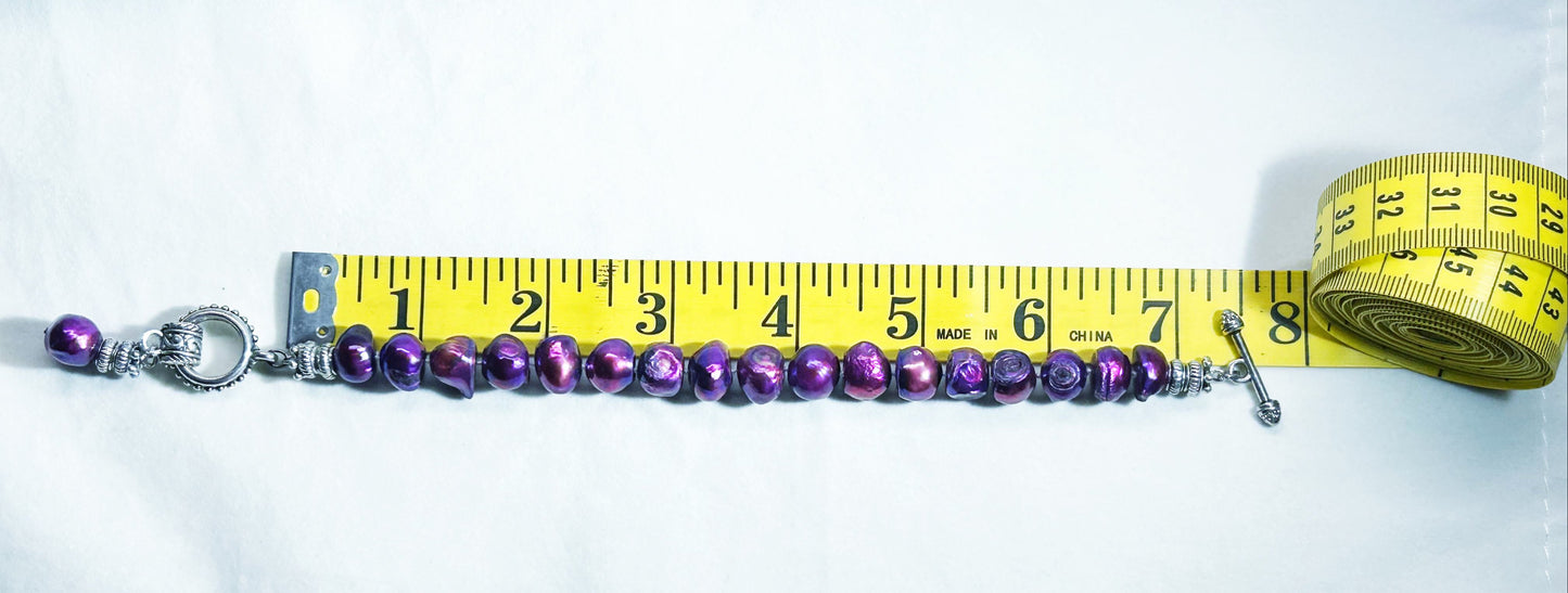 Womens purple 8 to 9 mm freshwater pearl 7.5 inch bracelet-toggle clasp ant.silver