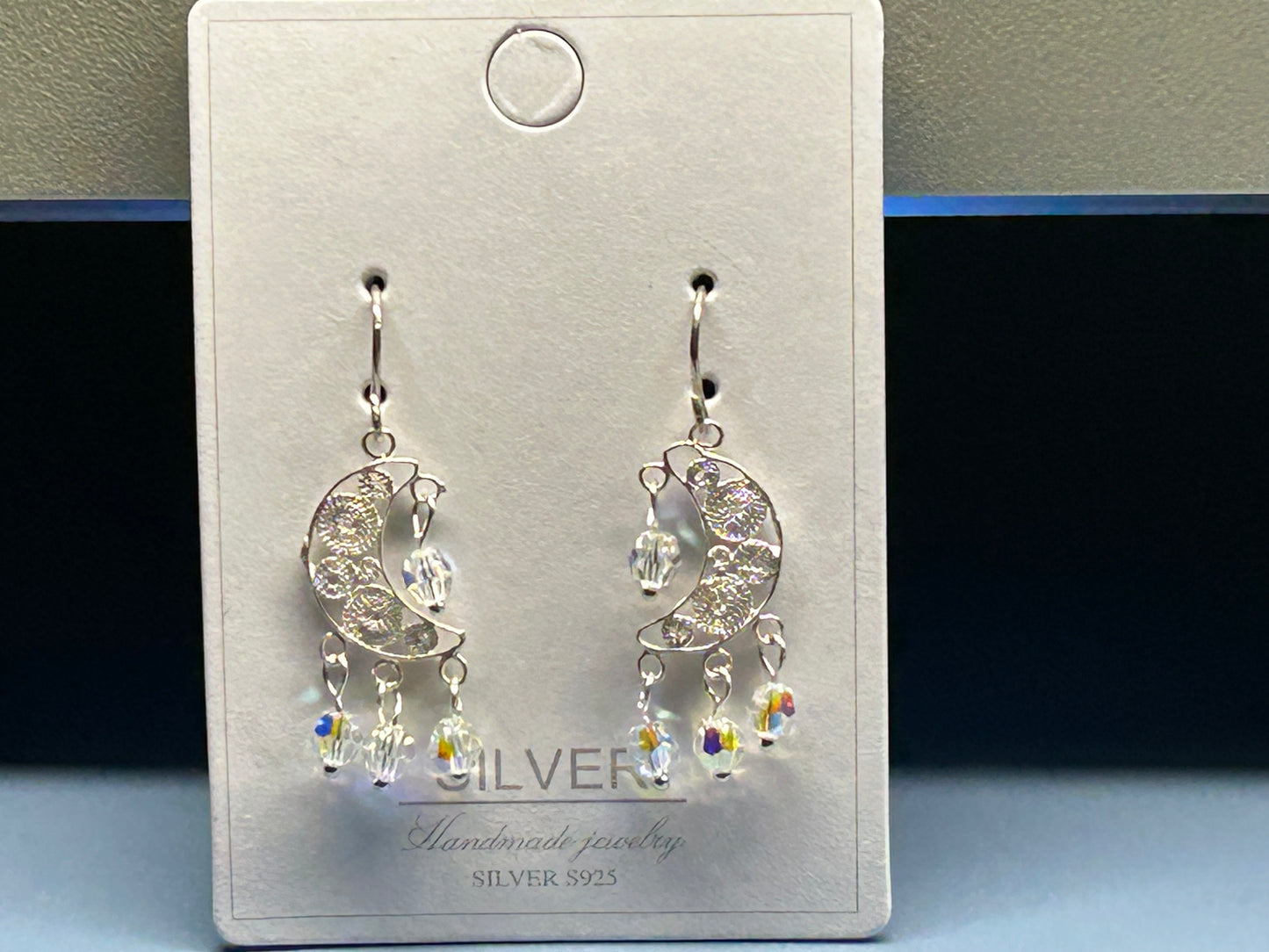 Sterling Silver Filigree Crescent Moon Earring made with Swarovski Crystal Beads