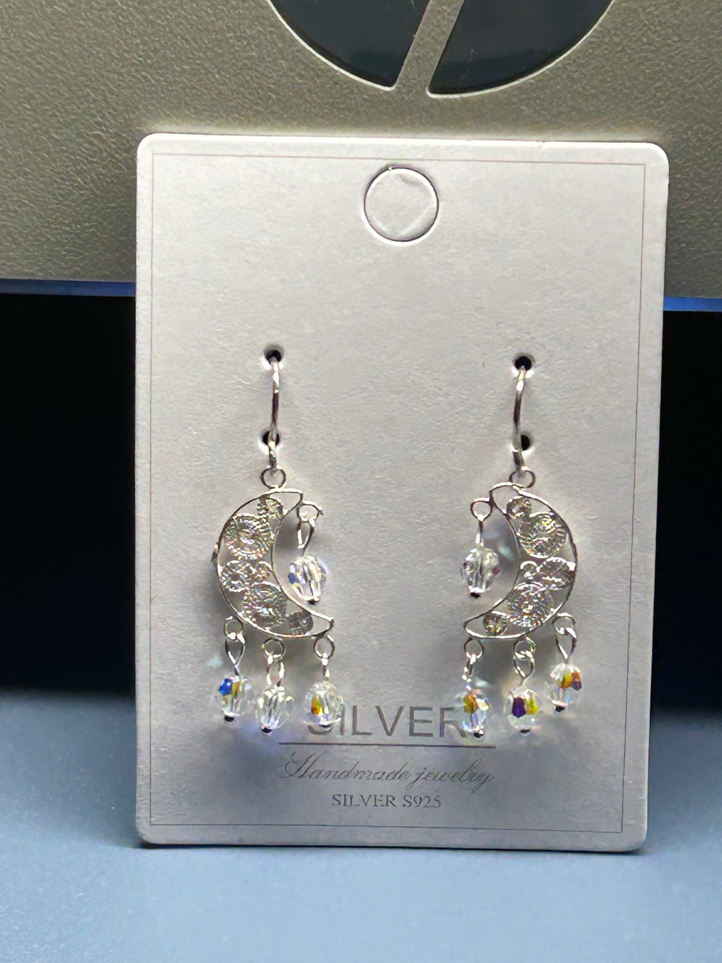 Sterling Silver Filigree Crescent Moon Earring made with Swarovski Crystal Beads