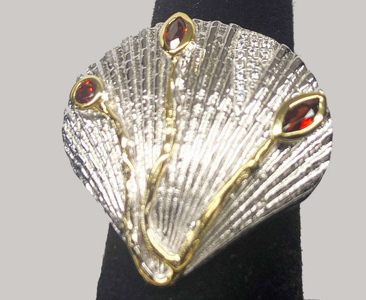 Designer Sterling Silver Clam Shell Ring with Garnet and Zirconium Stones. - Providence silver gold jewelry usa