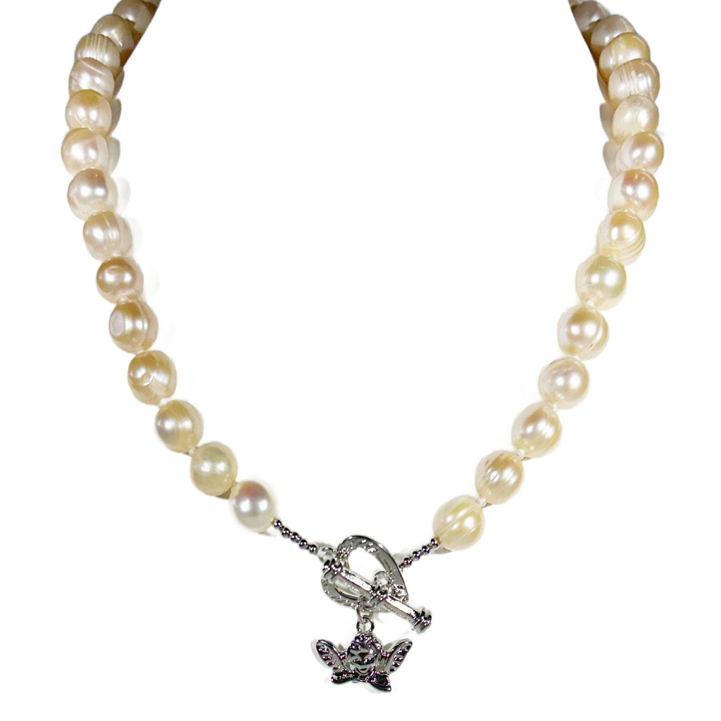 Freshwater Pearl Bee Toggle Necklace – Hand-Knotted Elegance with Crystal Heart Clasp