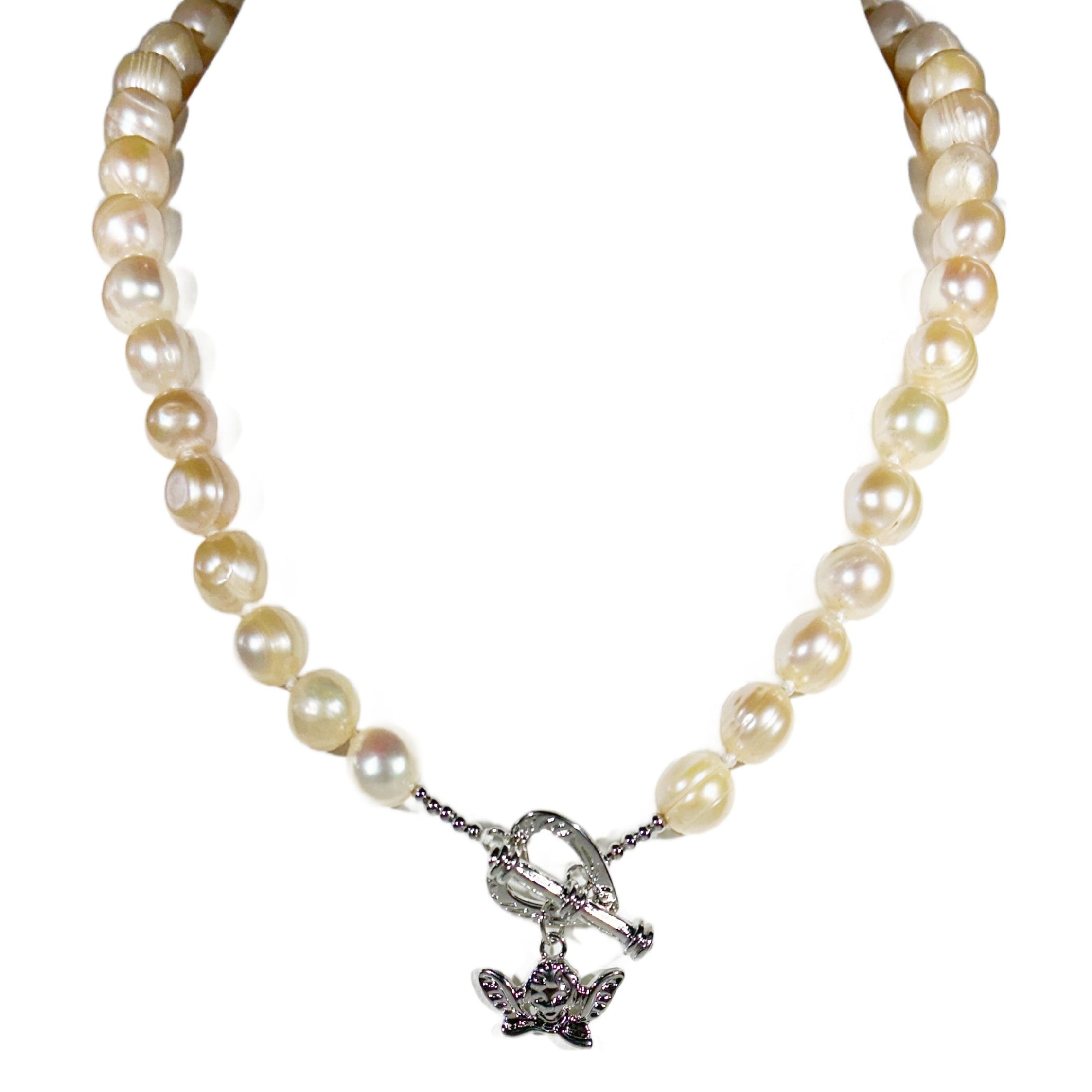 Freshwater Pearl Bee Toggle Necklace – Hand-Knotted Elegance with Crystal Heart Clasp