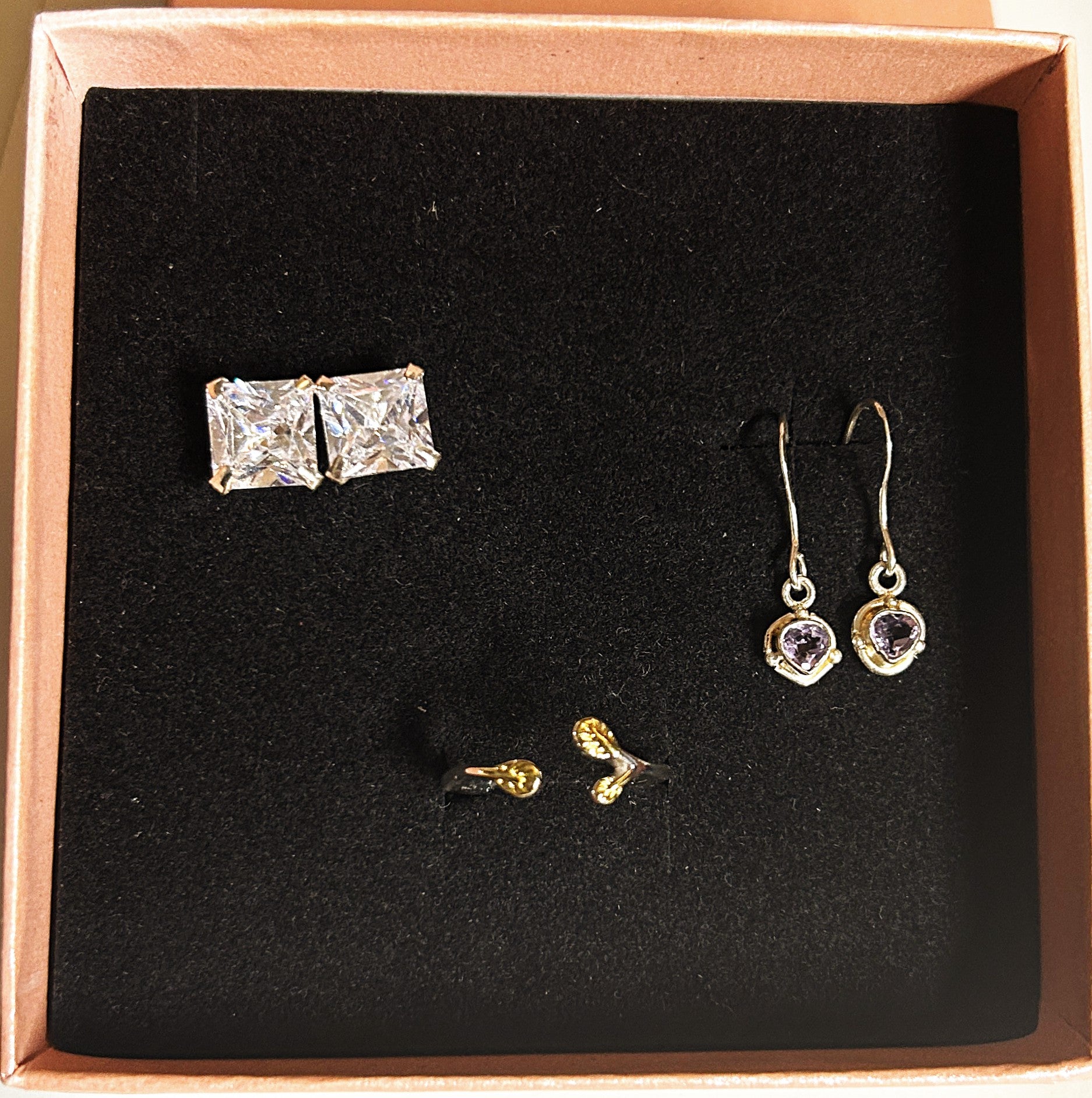 925 Silver 3 pcs. set one stud CZ one dangle Amethyst and one two tone ring