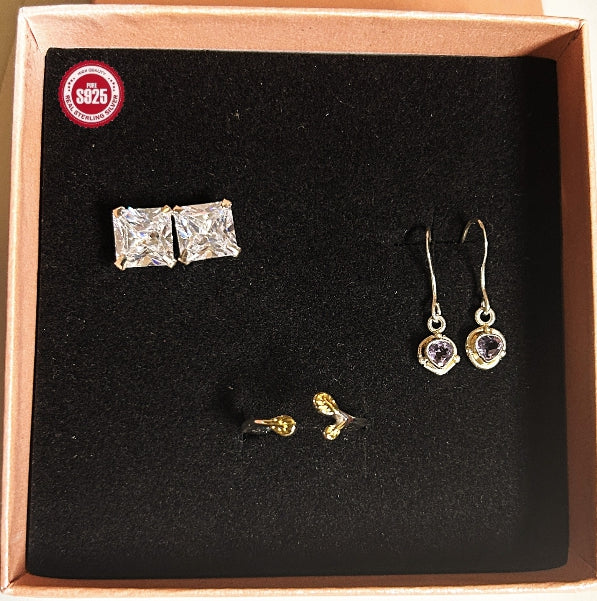 925 Silver 3 pcs CZ stud earring-Amethyst heart dangle-2 tone adj. ring