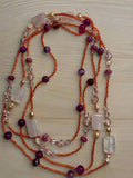 XL-2411-RED-002 60 inch SINGLE STRAND necklace with Red, crystal, pearl and opal beads