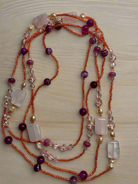 XL-2411-RED-002 60 inch SINGLE STRAND necklace with Red, crystal, pearl and opal beads