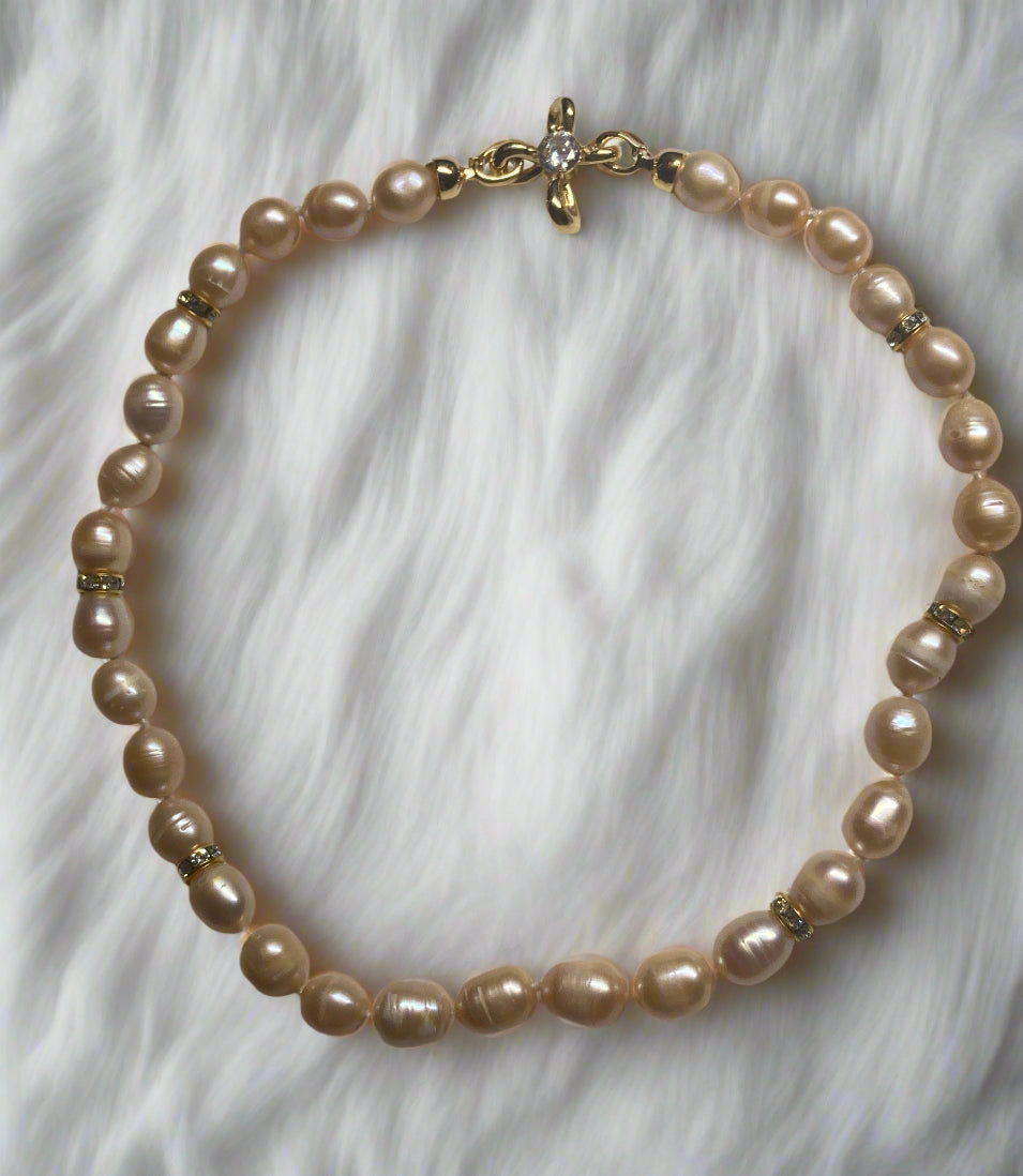 XL-2412PINK-01 14X10 MM FRESHWATER PINK PEARL NECKLACE WITH 8 MM CZ AND  6 RONDEL CRYSTALS