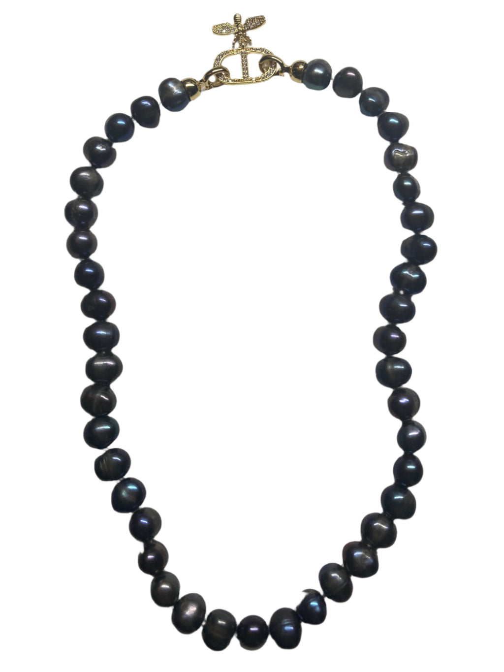 XL-2412PURPLE-03 10MM FRESHWATER PEARL NECKLACE W/GOLD BUMBULEBEE RHINESTONES CLASP