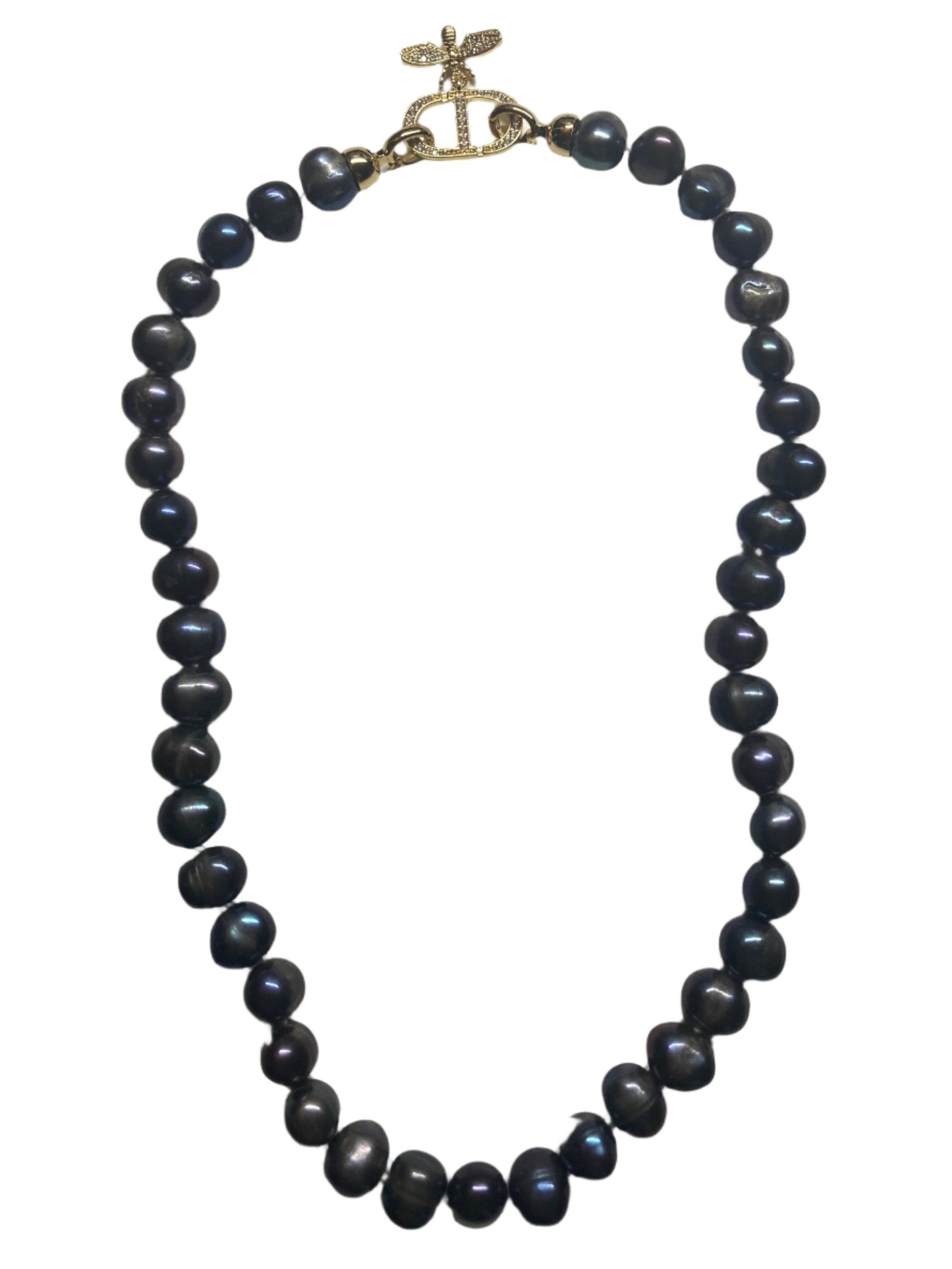 XL-2412PURPLE-03 10MM FRESHWATER PEARL NECKLACE W/GOLD BUMBULEBEE RHINESTONES CLASP