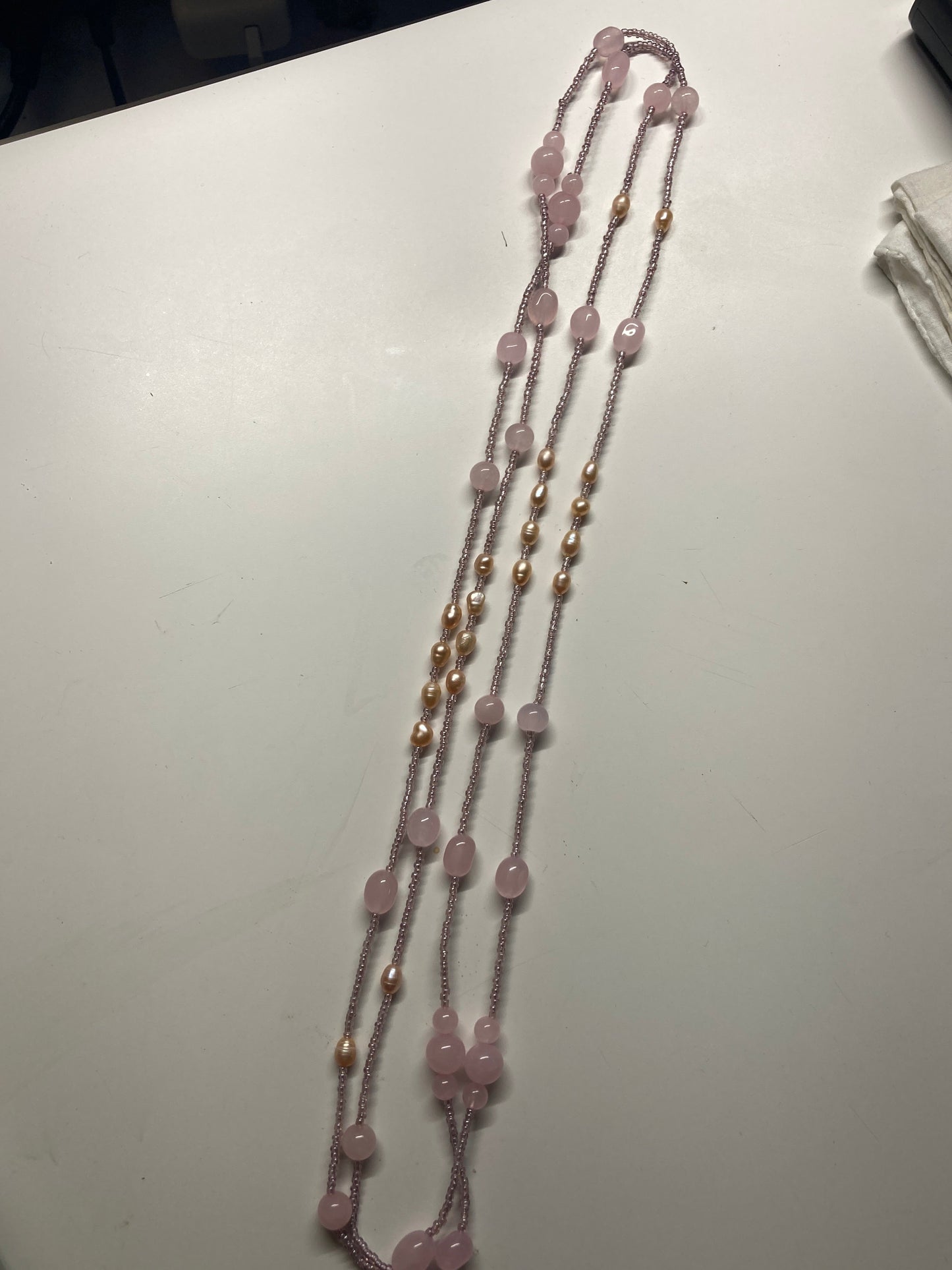XL-2412PINK-03 ROSE QUARTDZ PINK FRESHWATER PEARL LONG NECKLACE