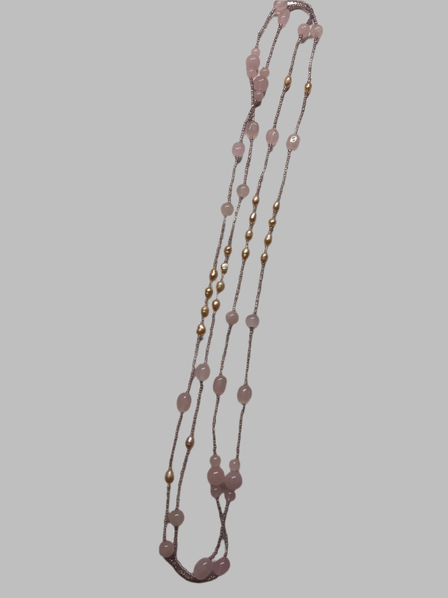 XL-2412PINK-03 ROSE QUARTDZ PINK FRESHWATER PEARL LONG NECKLACE