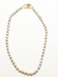 XL-2412SILVER-02 GREY RICE PEARL NECKLACE WITH SAPPHIRE GOLD CLASP BLACK BOX