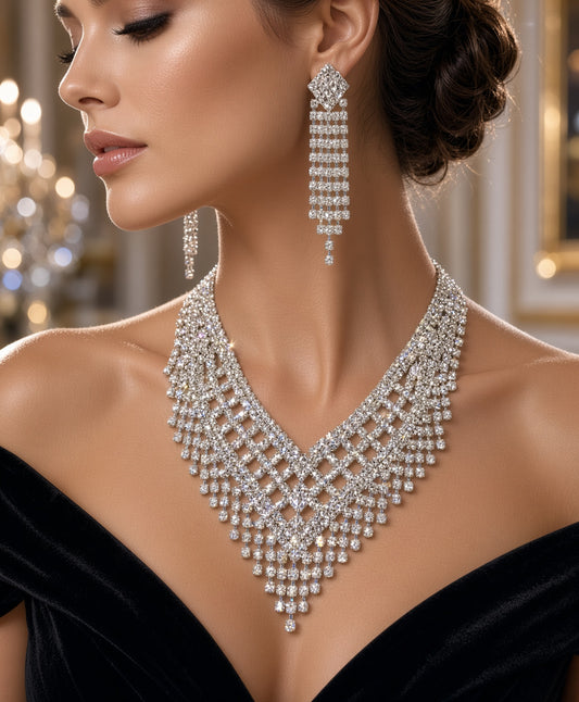 Rhinestone v neck with waterfall rhinestone earrings