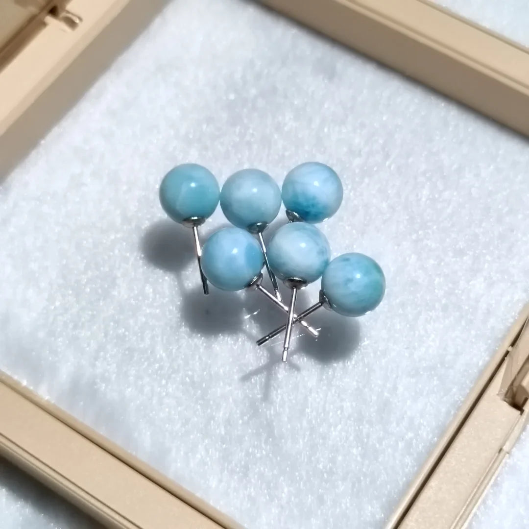 wholesale simple Dominican nature Larimar ball Stud Earrings 925 Sterling silver rhodium Unisex fine Jewelry