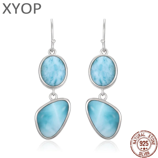 Natural Precious Larimar Earrings for Women 2021 New Simple Fashion Geometric Charm 925 Sterling Silver Jewelry Gift Classic