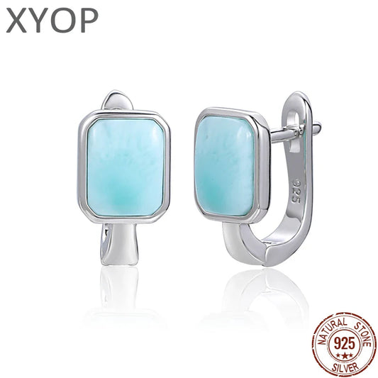 Square Charm 925 Sterling Silver Natural Precious Larimar Earrings