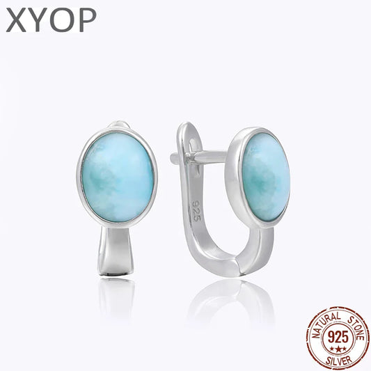 Geometric Oval 925 Sterling Silver Jewelry Classic Natural Precious Larimar Earrings