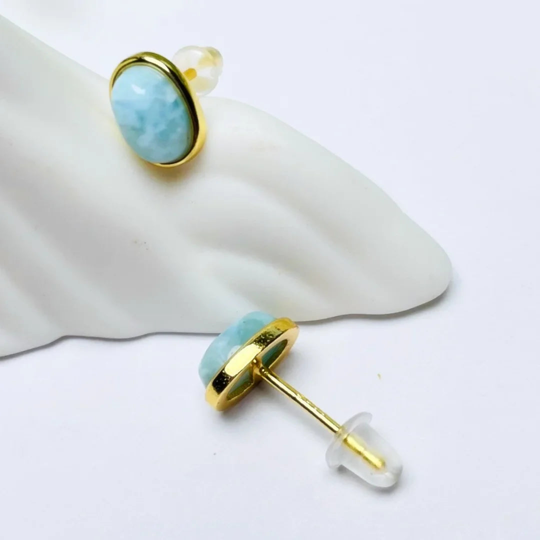 wholesale simple Dominican nature Larimar ball Stud Earrings 925 Sterling silver rhodium Unisex fine Jewelry