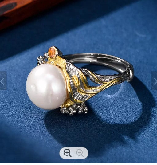 Designer style large Baroque Pearl ring set in Sterling Silver with 14K overlay - Providence silver gold jewelry usa