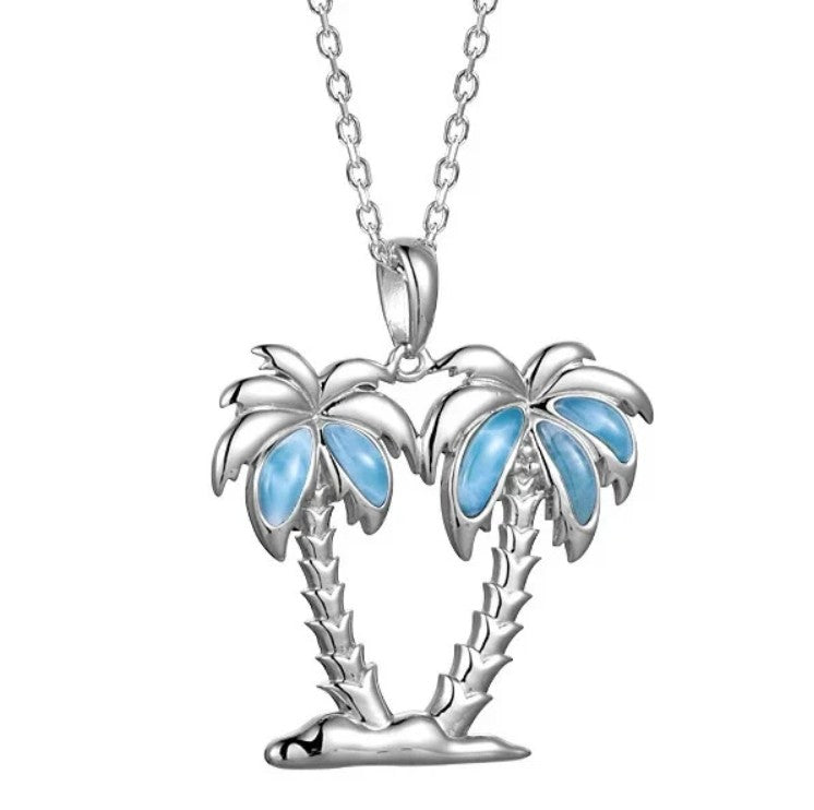 Sterling Silver Larimar Double Palm Tree Necklace – Tropical Island Pendant