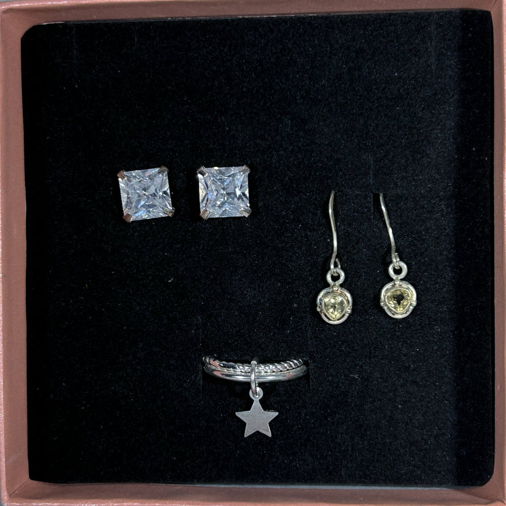 Jewelry set with earrings and a necklace in a box