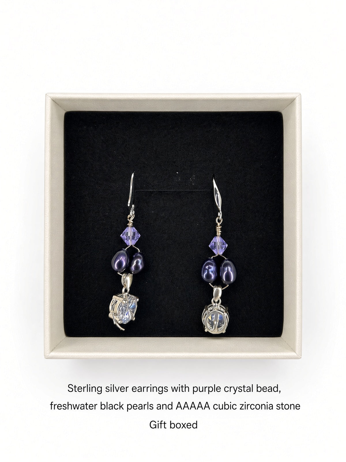 Sterling Silver Dangle Earrings — Purple Crystal, Freshwater Pearls & AAAAA Cubic Zirconia | Gift Boxed