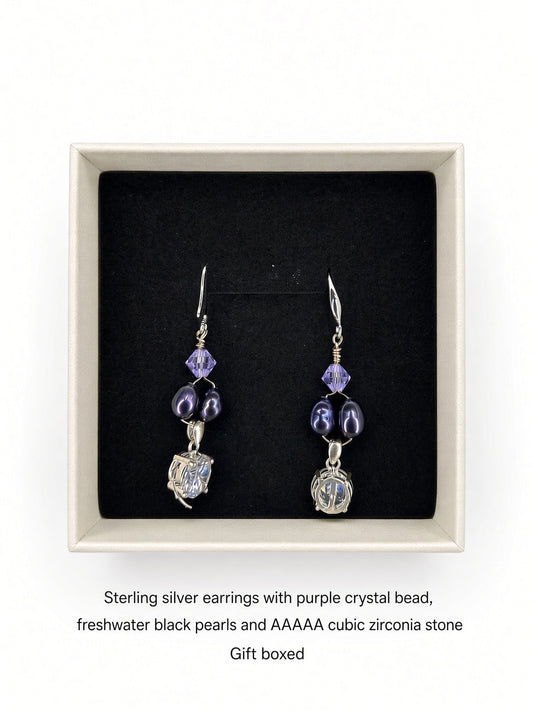 Sterling Silver Dangle Earrings — Purple Crystal, Freshwater Pearls & AAAAA Cubic Zirconia | Gift Boxed