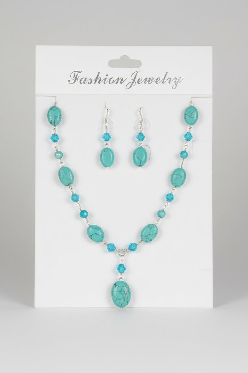 XL-2411BLUE-003 TURQUISE NECK AND EARRING SET W/BLUE BEADS