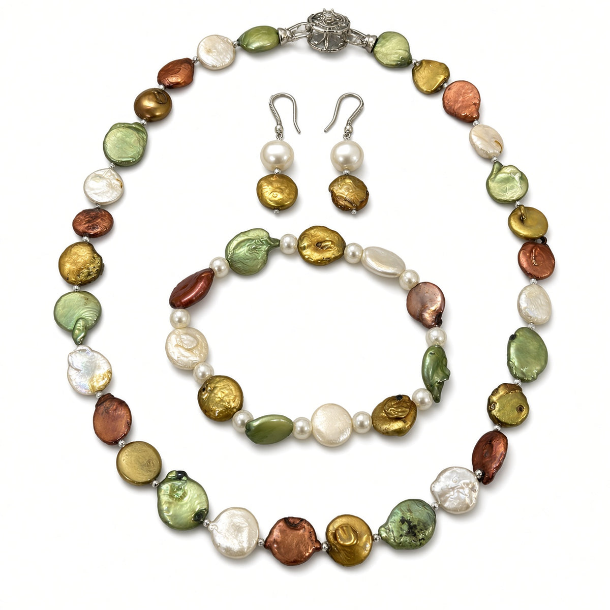 Closeout Handcrafted Multicolor Coin Pearl Necklace, Bracelet, and Earring Set