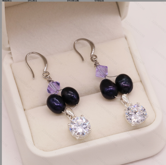 EH-2503Black-01 BLACK PEARL AND CZ EARRING