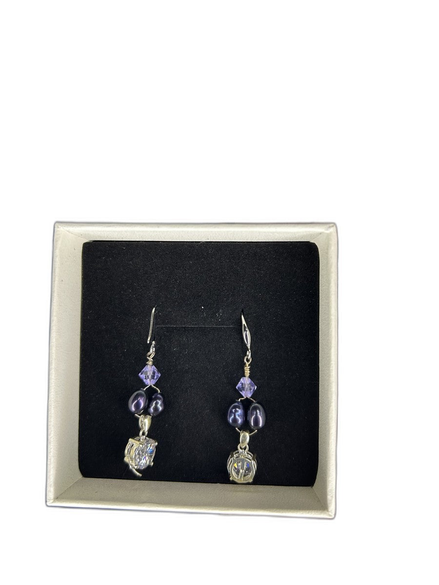 Sterling Silver Dangle Earrings — Purple Crystal, Freshwater Pearls & AAAAA Cubic Zirconia | Gift Boxed