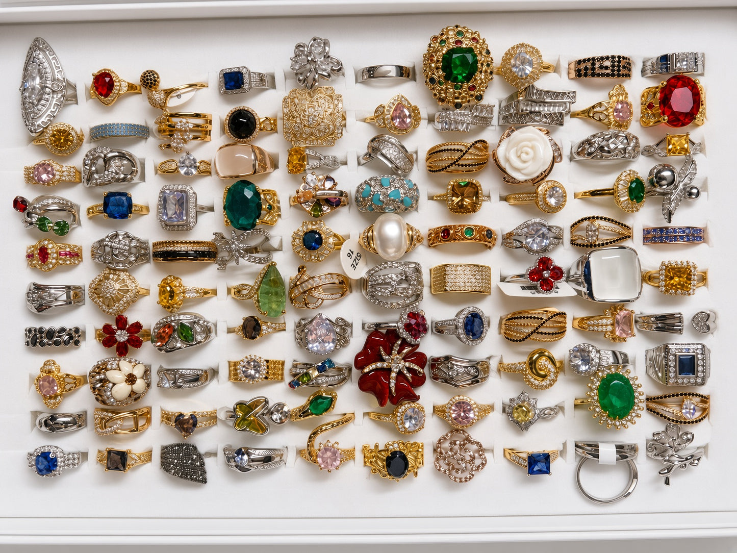 A large collection of assorted rings arranged in rows on a white background. The rings feature a wide variety of settings, metals (gold, silver, white gold), and colorful gemstones including green, red, blue, pink, and clear stones.