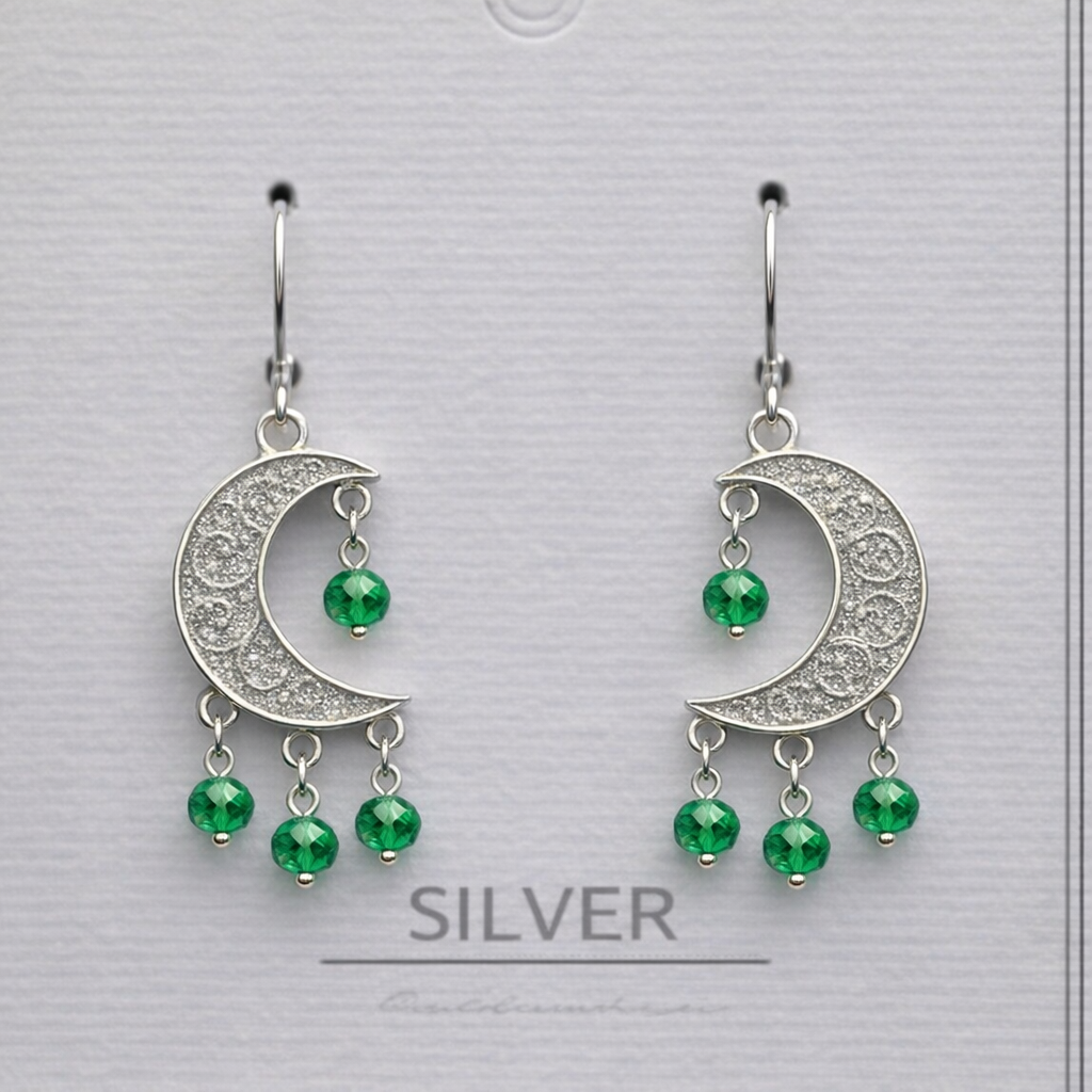 sterling silver 1/2 moon filigree earring with real rubies, emeralds, and sapphire beads