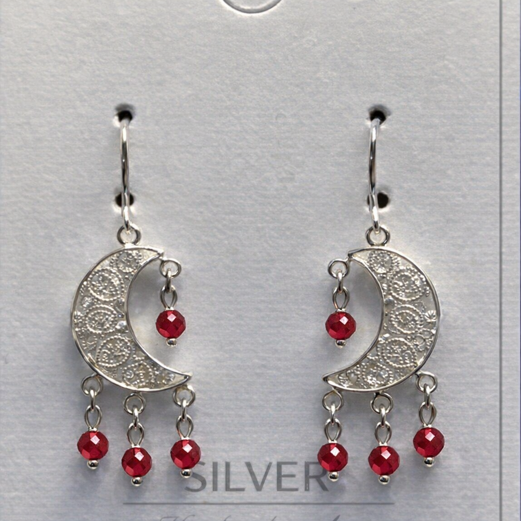 sterling silver 1/2 moon filigree earring with real rubies, emeralds, and sapphire beads