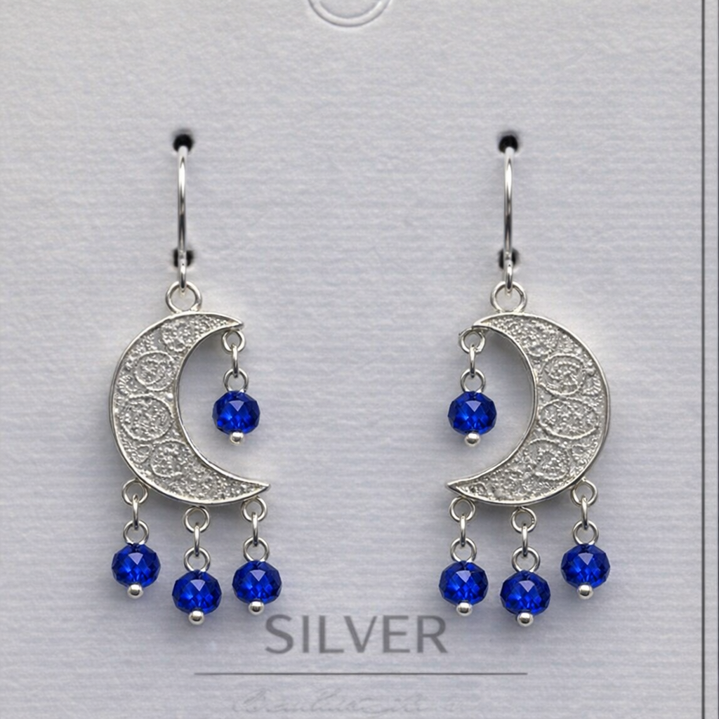 sterling silver 1/2 moon filigree earring with real rubies, emeralds, and sapphire beads