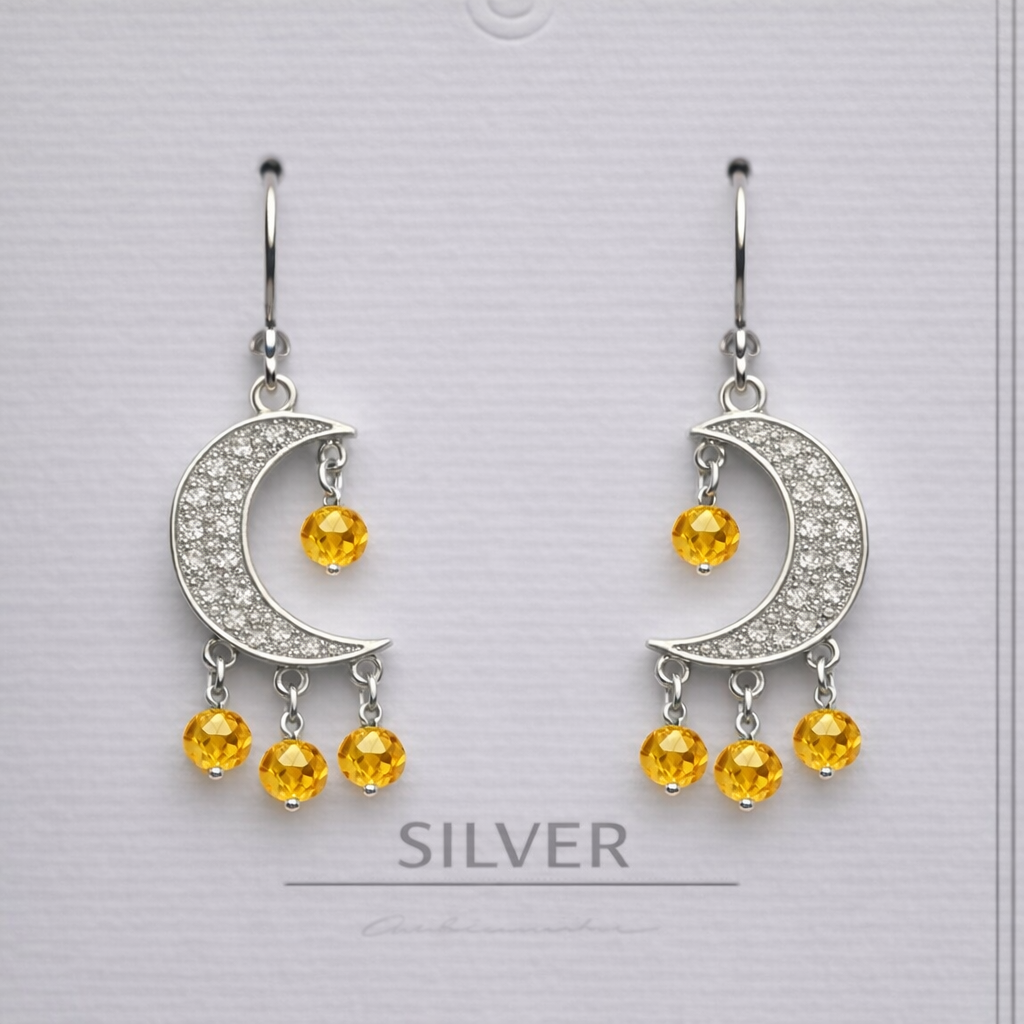 sterling silver 1/2 moon filigree earring with real rubies, emeralds, and sapphire beads
