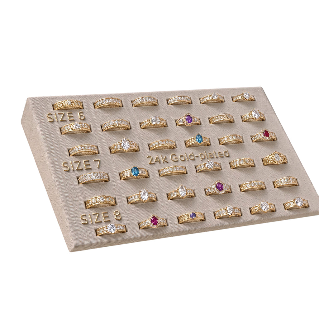 36-Piece Women’s CZ & Rhinestone Ring Set – 14K Gold Plated | Sizes 6–8 in Elegant Reusable Counter Display (Made to Order)