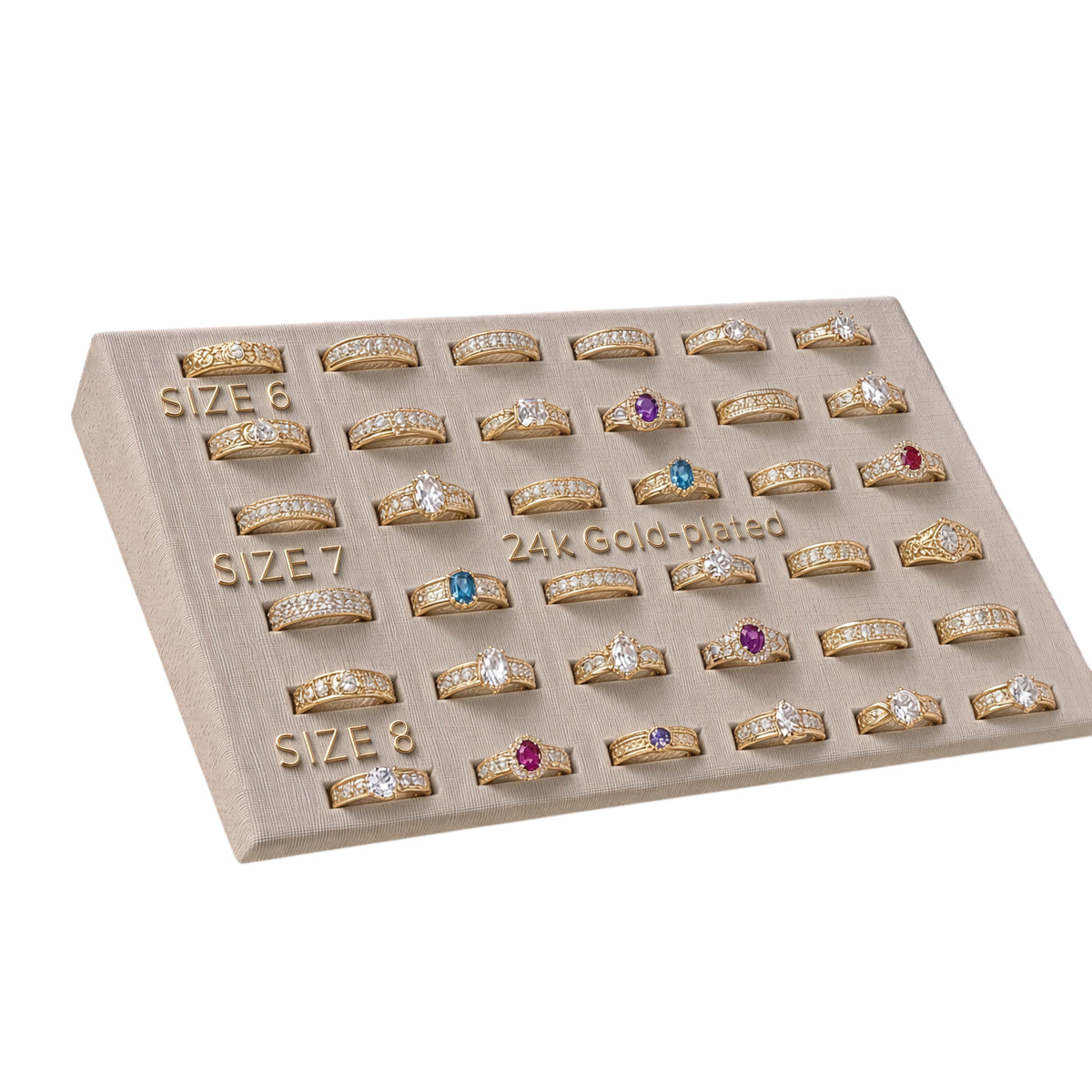 36-Piece Women’s CZ & Rhinestone Ring Set – 14K Gold Plated | Sizes 6–8 in Elegant Reusable Counter Display (Made to Order)