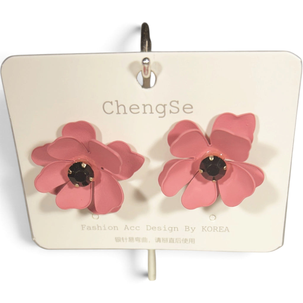 New Earring 0032-Daisy flower style in coral color with Red stone and sterling silver post