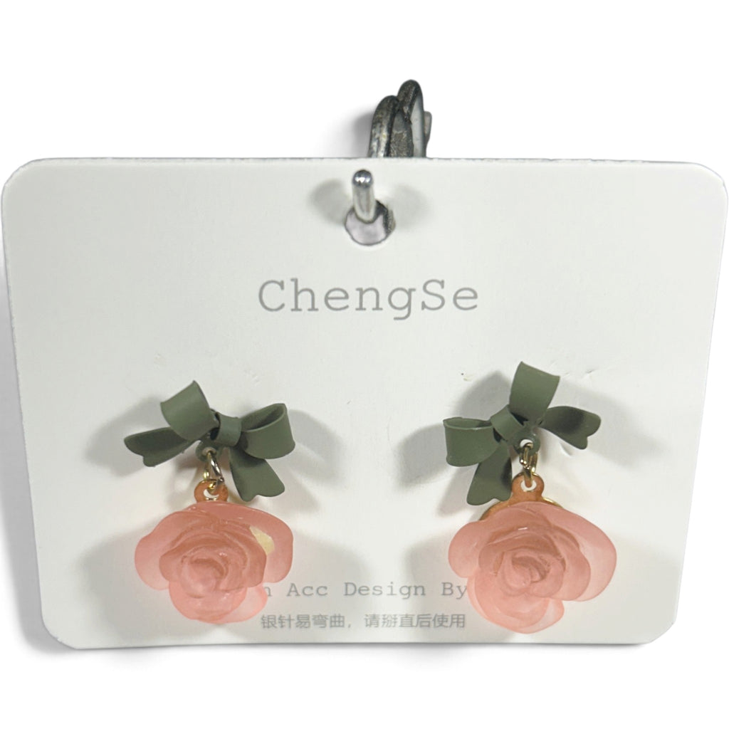 New Earring 0034-Pink rose dangle with Green bow earring and sterling silver post