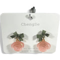 New Earring 0034-Pink rose dangle with Green bow earring and sterling silver post