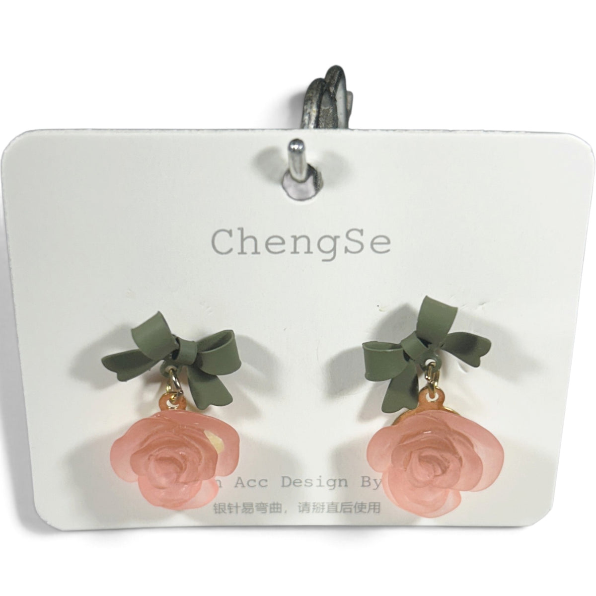 New Earring 0034-Pink rose dangle with Green bow earring and sterling silver post