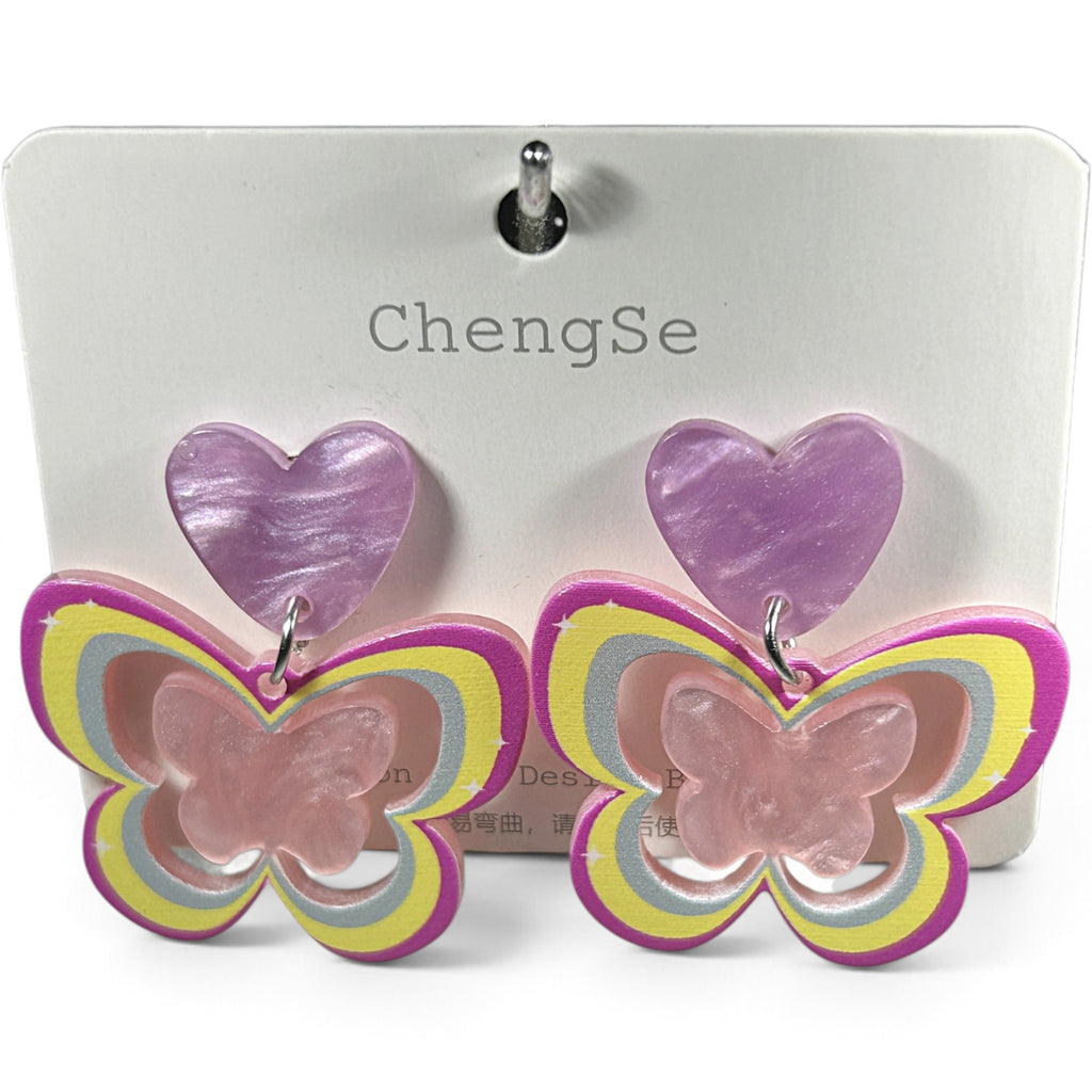 New Earring 0039-Pink hear butterfly dangle earring with sterling silver post