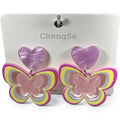 New Earring 0039-Pink hear butterfly dangle earring with sterling silver post