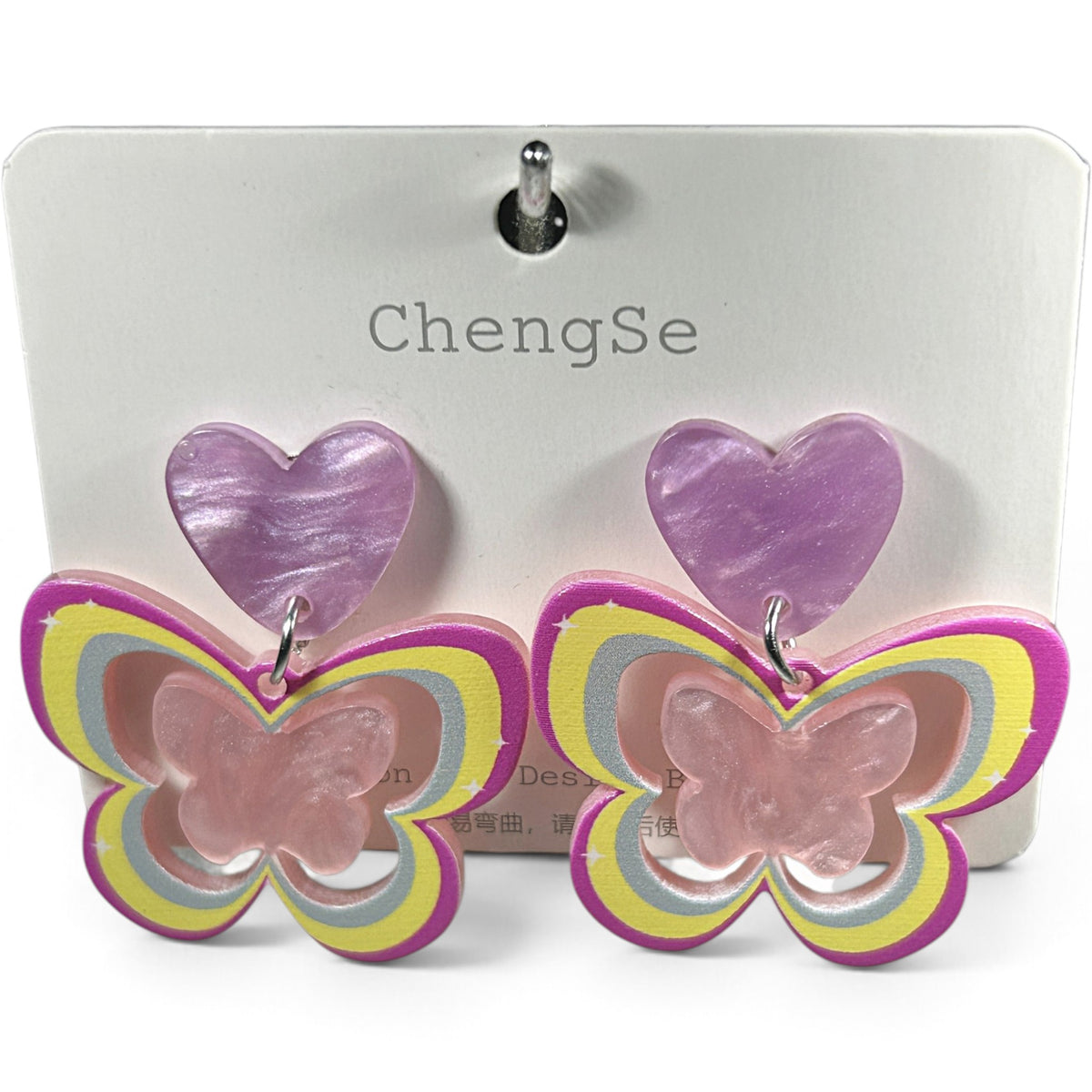 New Earring 0039-Pink hear butterfly dangle earring with sterling silver post