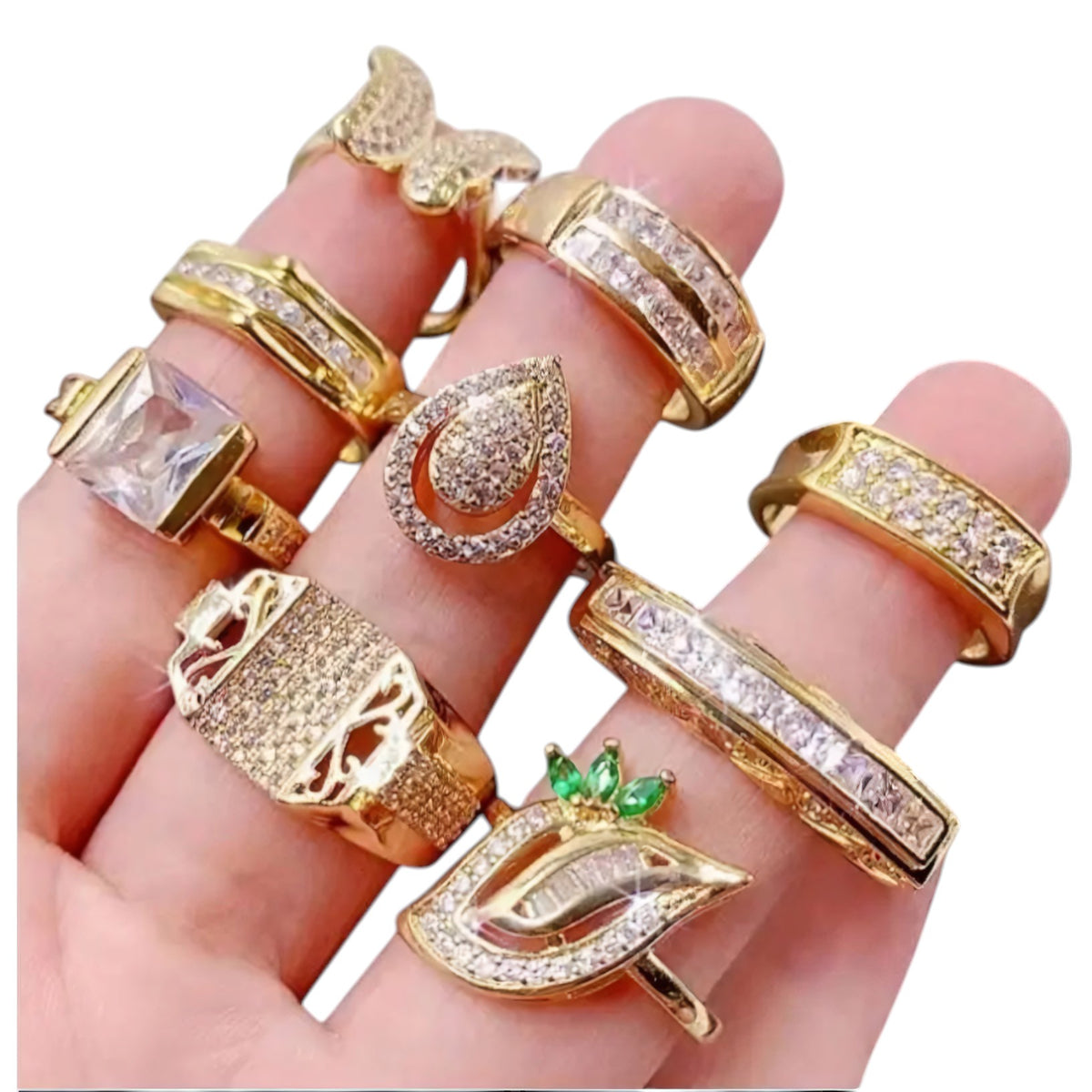 36-Piece Women’s CZ & Rhinestone Ring Set – 14K Gold Plated | Sizes 6–8 in Elegant Reusable Counter Display (Made to Order)