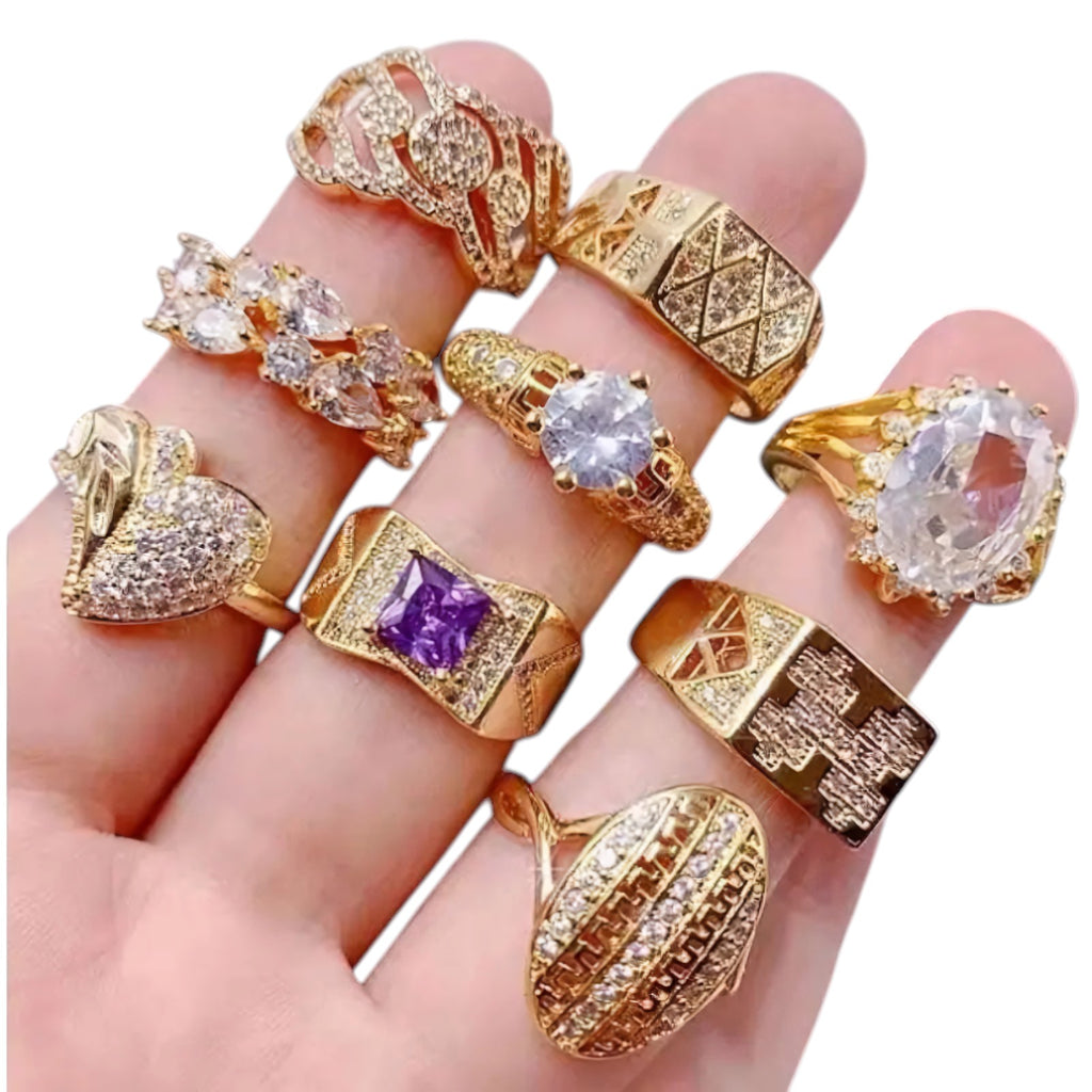 36-Piece Women’s CZ & Rhinestone Ring Set – 14K Gold Plated | Sizes 6–8 in Elegant Reusable Counter Display (Made to Order)